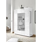 Sala completa di base porta tv, madia e vetrina in bianco laccato lucido serigrafato