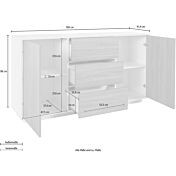 Credenza e madia moderna bianca laccata lucida, tre cassetti e due ante