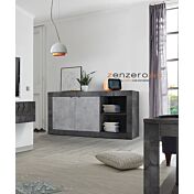 Sala moderna composta da parete attrezzata e madia, finitura Beton e Ossido