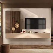 Parete attrezzata sospesa, L.276 H.170, Bronzo, Cashmere e Mercure cannettato