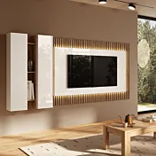 Parete attrezzata sospesa con pannello tv, Bianco e Cadiz cannettato