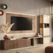 Parete attrezzata con pannello per tv, L.300 H.170 Mercure cannettato, Bronzo e Cashmere