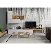 Parete attrezzata con panca e pensili, finitura Nodato chiaro, Bianco gesso, Antracite
