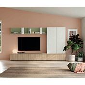 Parete moderna soggiorno, finitura Rovere bianco, Royal oak e Oliva