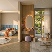 Postazione trucco con boiserie, mensole e cassetto, Cadiz cannettato e Bronzo