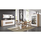 Tavolo moderno allungabile L.180, bianco lucido e rovere wellington