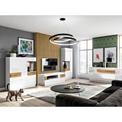 Vetrina a 3 ante, moderna bianco lucido e rovere naturale