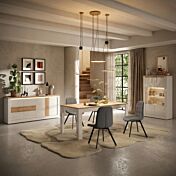 Soggiorno moderno, con 1 madia 1 tavolo e 1 vetrina, Bianco lucido e Cadiz