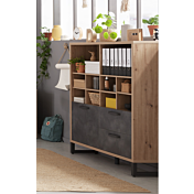 Libreria Industry per ufficio con 2 cassetti e un'anta in finitura Rovere e Grigio smoke