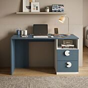 Scrivania 2 cassetti, 1 vano per camerette, Bianco opaco e Blu navy