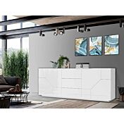 Credenza geometrica moderna e di design 4 ante e 3 cassetti, Bianco laccato lucido 