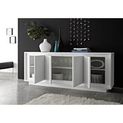 Sala moderna complata di parete attrezzata, vetrina e credenza, finitura Bianco Opaco