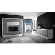 Sala moderna complata di parete attrezzata, vetrina e credenza, finitura Bianco Opaco e Beton