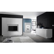 Sala moderna complata di parete attrezzata, vetrina e credenza, finitura Bianco Opaco