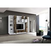 Sala moderna complata di parete attrezzata, vetrina e credenza, finitura Bianco Opaco e Pero