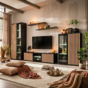 Soggiorno in Cannettato moderno, con madie e porta TV, Nero e Frassino olivato