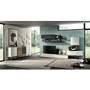 Madia Fiamma moderna in finitura Bianco Calce,Rovere nordico, Vetro antracite e Vetro marmo white 