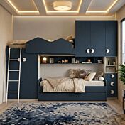 Letto salvaspazio a soppalco, Bianco opaco e Blu navy, L.335