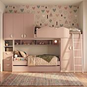 Cameretta soppalco con 5 ante, finitura Flamingo e Bianco opaco