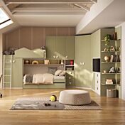 Cameretta a soppalco 3 posti letto con angolo e vano tv, Pistacchio e Bianco