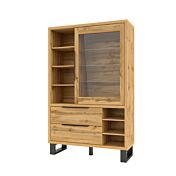 Vetrina moderna 1 anta 2 cassetti, finitura quercia e metallo nero 