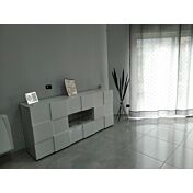 Madia Credenza Moderna, Madia di Design, 2 ante e 2 cassetti, Bianco Lucido