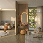 Postazione trucco con boiserie, mensole e cassetto, Cadiz cannettato e Bronzo