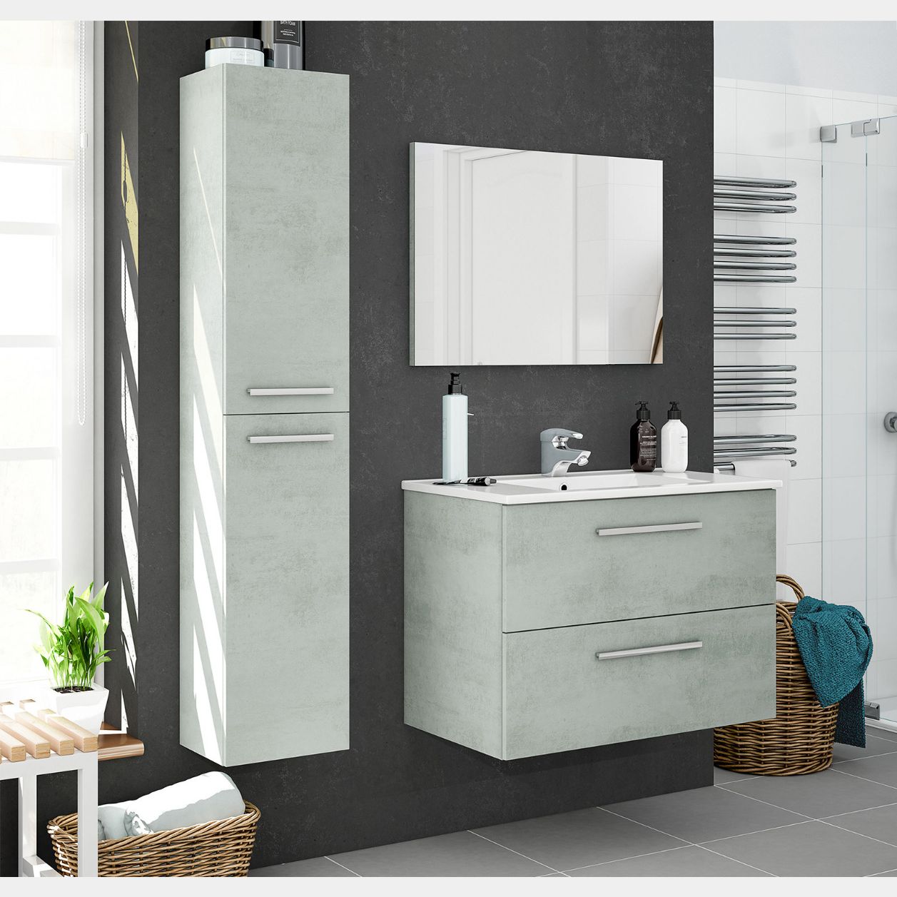 Bagno mobile moderno con specchiera, finitura Cemento