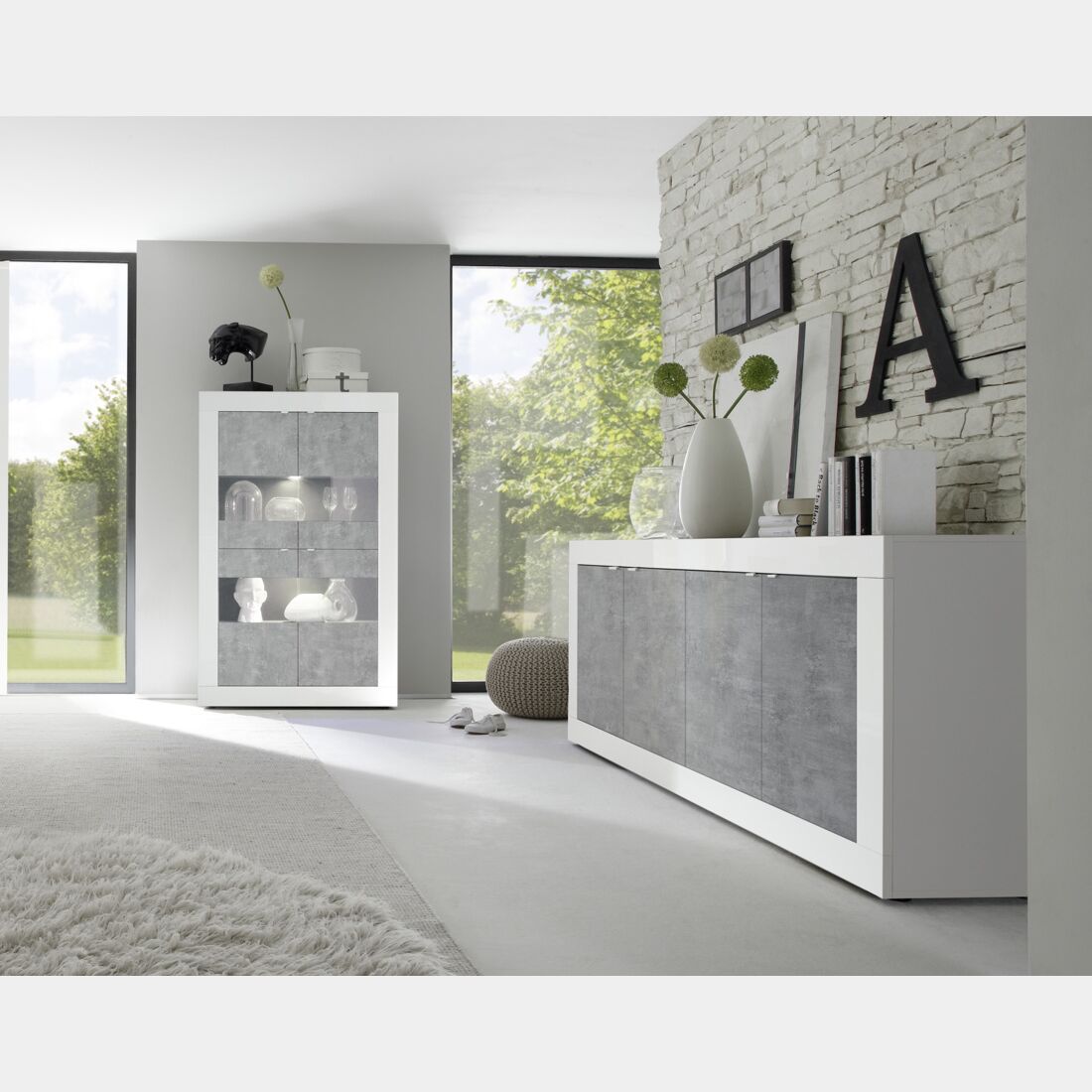 Credenza Moderna Madie Con Vetrina Soggiorno Moderno Bianco Lucido
