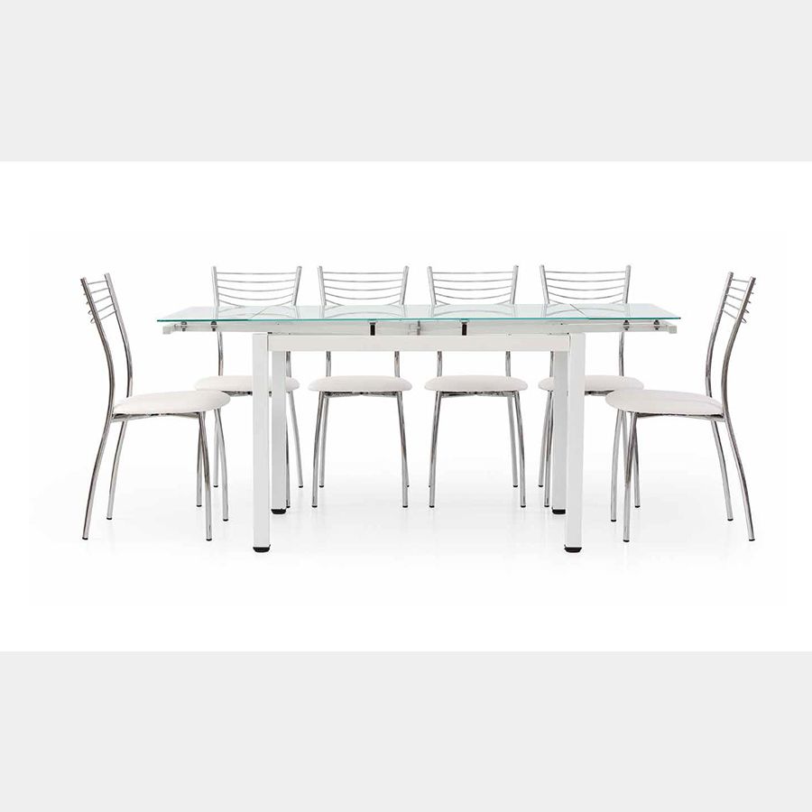 Tavolo allungabile, struttura in metallo bianco e piano in vetro, con  apertura laterale