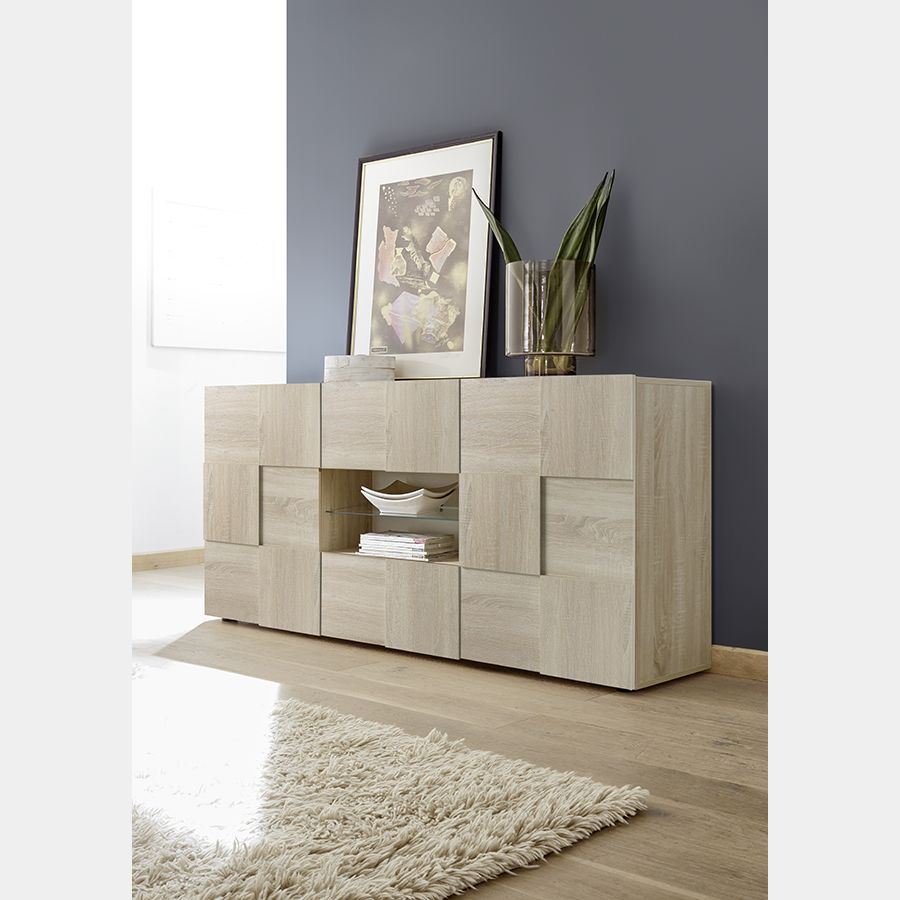 Credenza moderna bianco e rovere con piedi in vetro - Spazio Casa