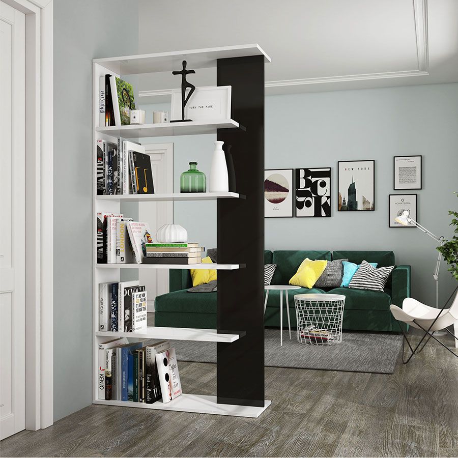 Libreria moderna di design 5 ripiani, bianco lucido e nero lucido