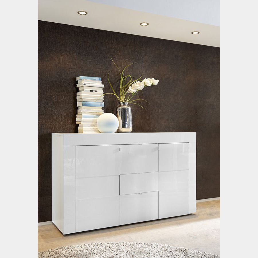 Credenza Moderna di Design, 2 ante e 3 cassetti, Bianco Lucido