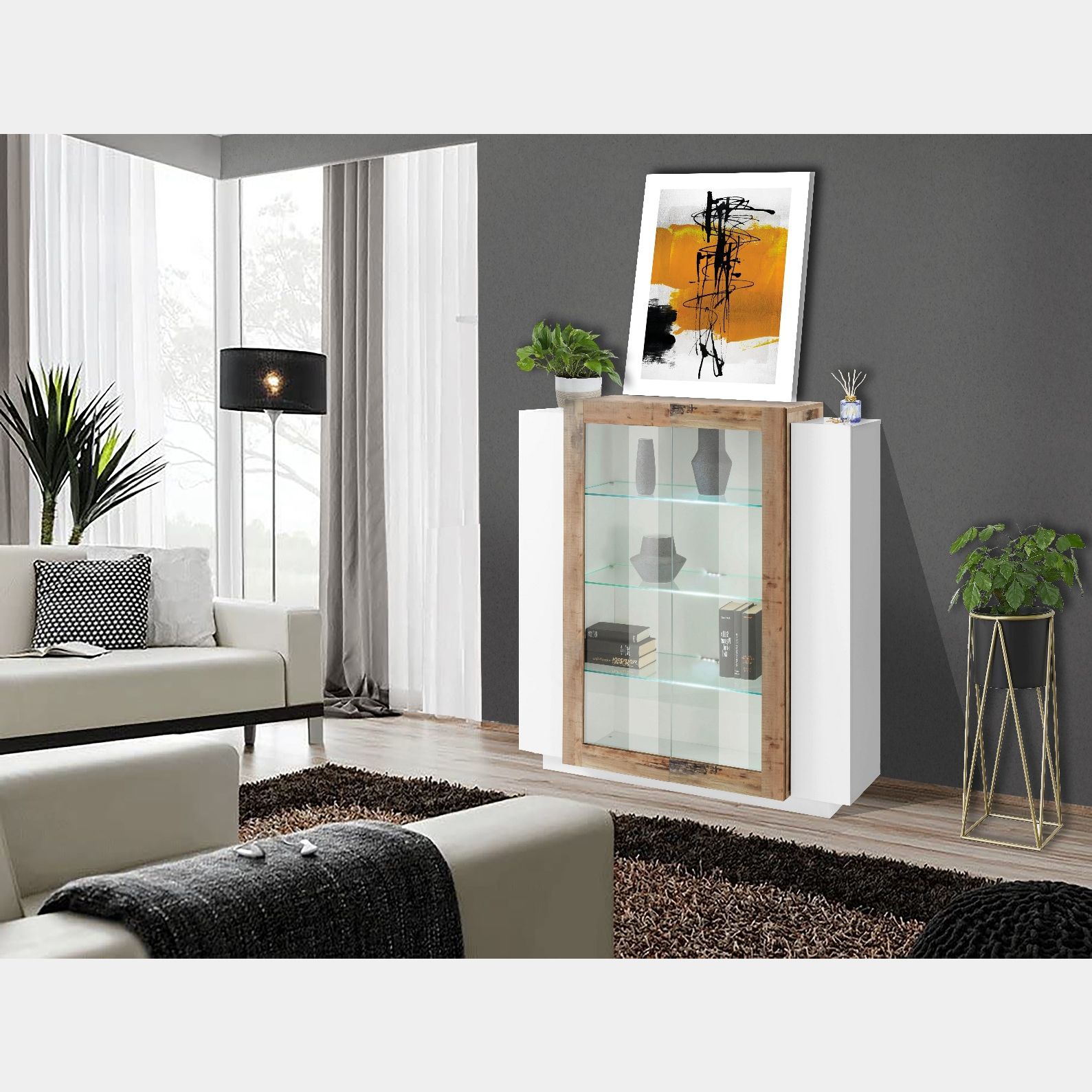 Soggiorno moderno con vetrina e porta tv , Bianco lucido e Pero