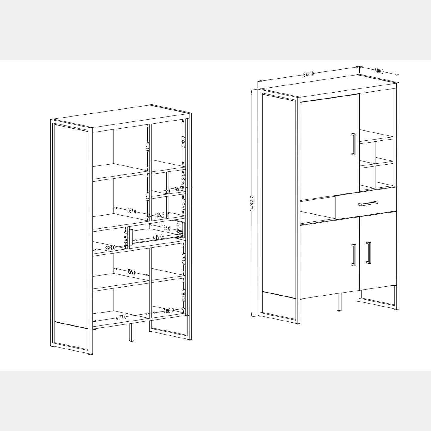 1466 - Credenza alta Maia 3 ante 3 cassetti con vetro antracite lucido  rovere - Helvetia