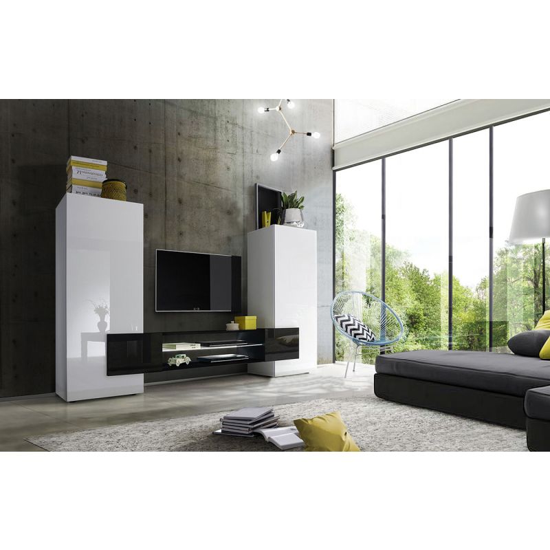 Parete salotto, soggiorno moderno Irene bianco lucido e nero, mobile tv di  design