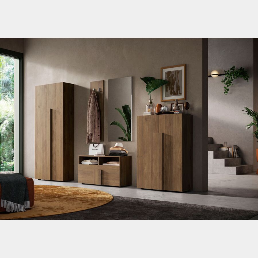 Composizione guardaroba, panca, specchio, appendiabiti e madia