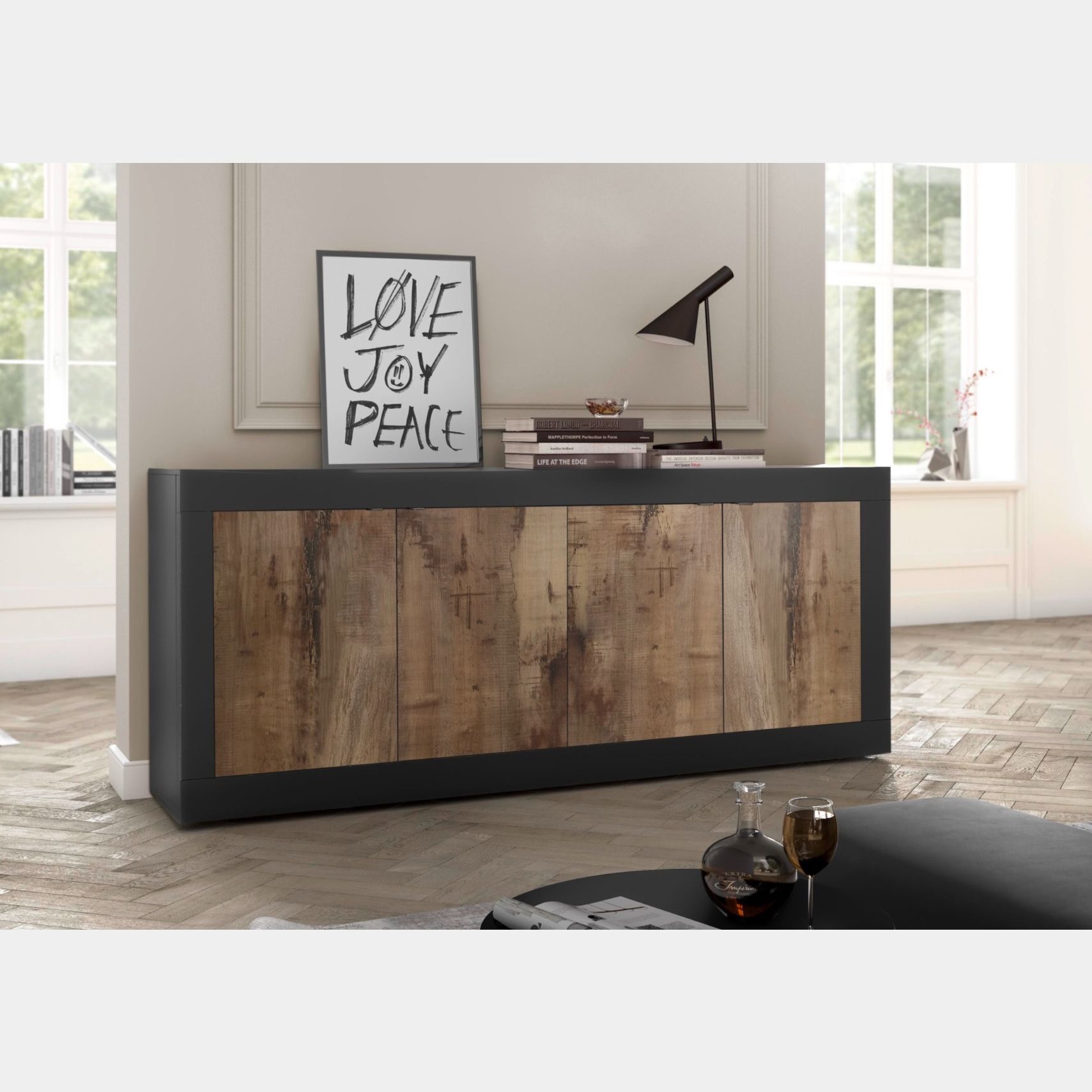 Credenza Moderna, Madia con 4 ante, colore nero e pero