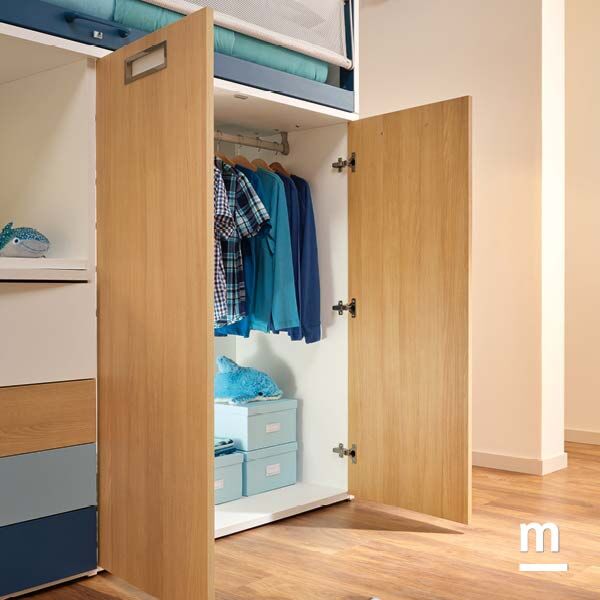 Letto a soppalco con armadio e scrivania, Olmo, Blu navy, Cielo e