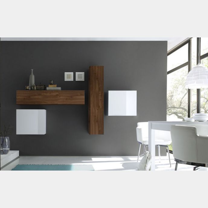 Soggiorno Zenzero, parete attrezzata moderna di design, in legno e laccato bianco - 244x169 cm