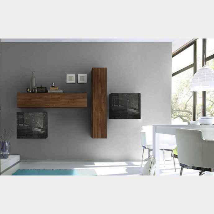 Soggiorno Zenzero moderno, parete attrezzata di design, in legno e marmo nero  - 244x169 cm