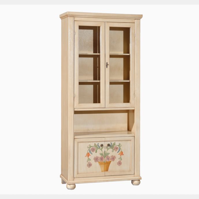 Vetrina in legno finitura avorio pennellato con decori, a 4 porte 89x38 H.198