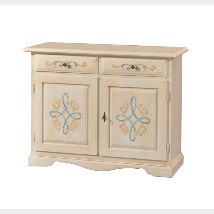 Credenza in legno finitura avorio pennellato con decori, 2 porte e 2 cassetti 105x86