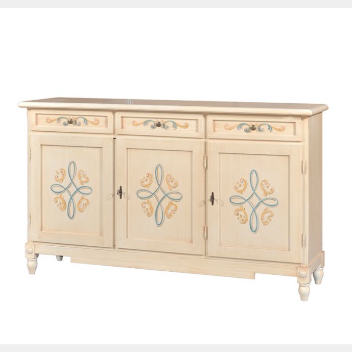 Credenza in legno finitura avorio pennellato con decori, con 3 porte e 3 cassetti 156x94