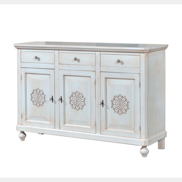 Credenza in legno finitura bianco invecchiato, con 3 porte intagliata e 3 cassetti 158x103