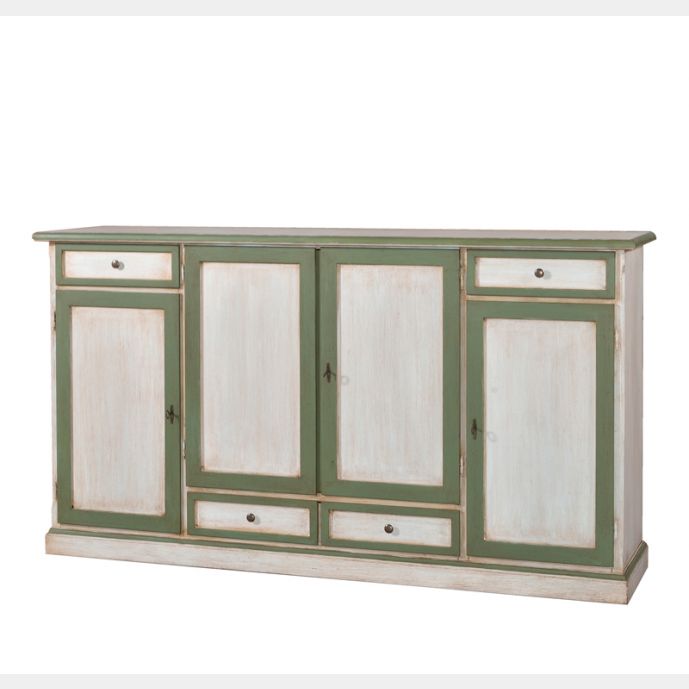 Credenza in legno finitura cerato bianco e verde, con 4 porte e 4 cassetti 205x113