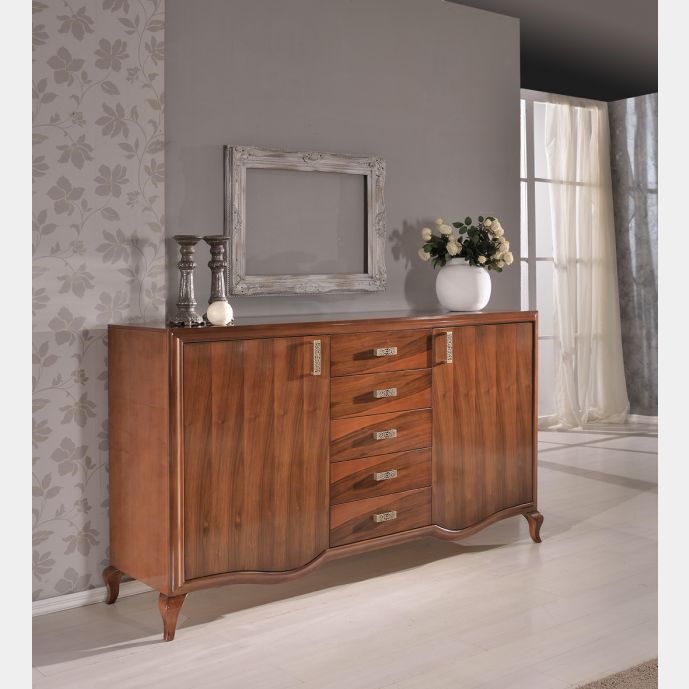 Credenza in legno finitura elitè, con 2 porte e 5 cassetti con maniglie brillanti 205x116