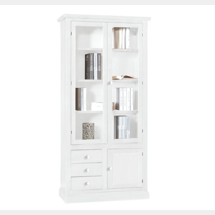 Libreria in legno finitura Bianco Opaco, con 2 ante in vetro, 1 porta e 3 cassetti