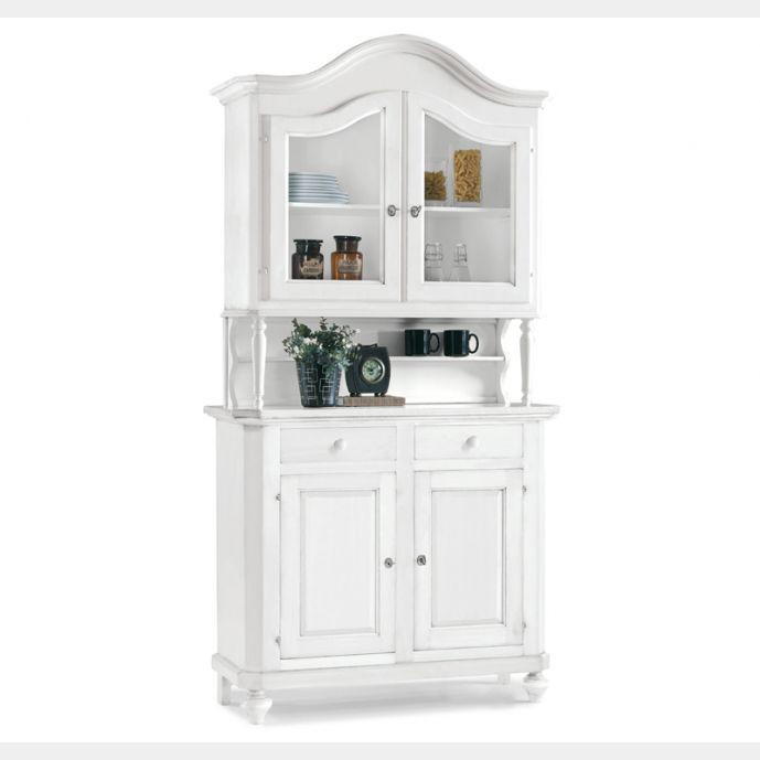 Vetrina in legno finitura bianco opaco, ante in vetro, con 2 porte e 2 cassetti 104x43 219H