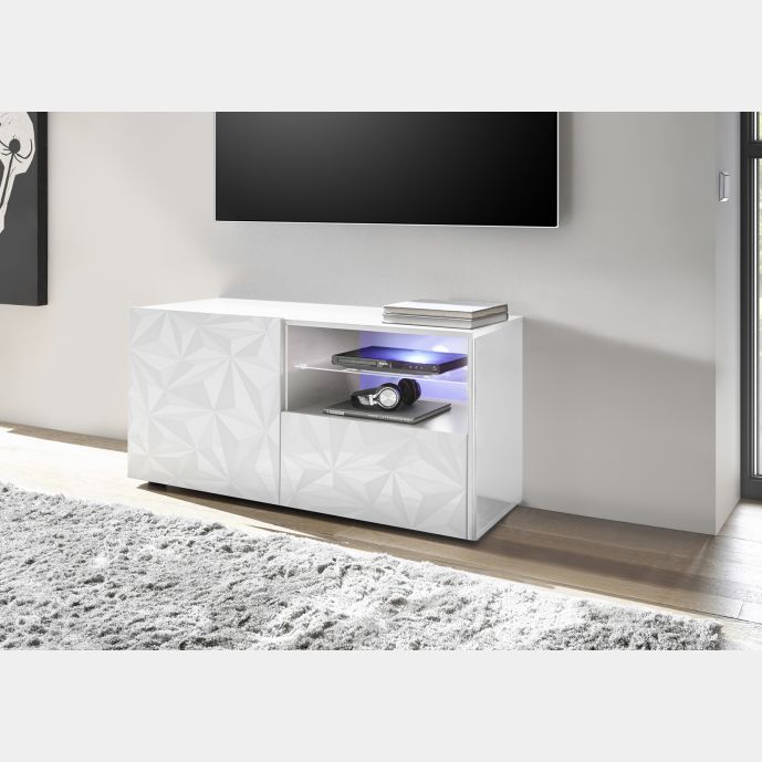 Base porta TV, 1 ante 1 cassetto, bianco laccato lucido con serigrafia prismatica